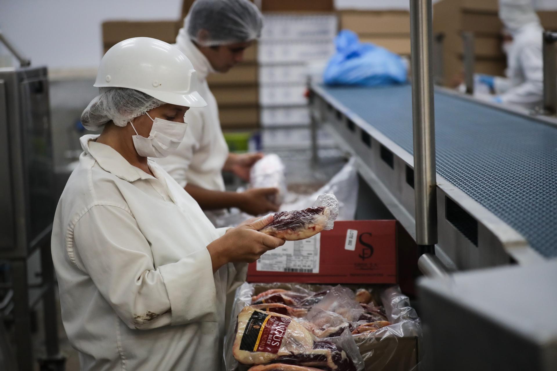 Trabajadores de un frigorífico uruguayo empacan carne en Montevideo (Uruguay). EFE/Federico Anfitti