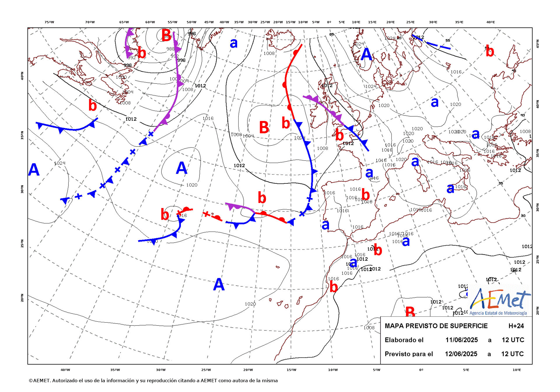 Mapa de isobaras facilitado por la Aemet previsto para el 12/06/2025.- EFE *****SOLO USO EDITORIAL/SOLO DISPONIBLE PARA ILUSTRAR LA NOTICIA QUE ACOMPAÑA (CRÉDITO OBLIGATORIO) *****