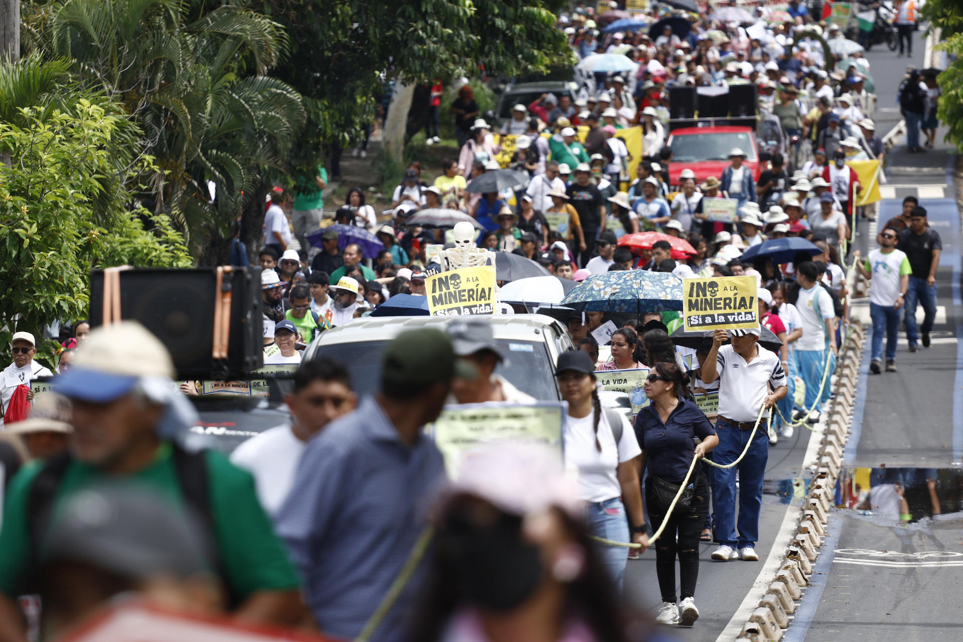 Cientos de salvadoreños fueron captados este jueves, 5 de junio, al exigir la derogación de la ley de Minería Metálica, durante la denominada Caminata Ecológica con motivo del Día Mundial del Medio Ambiente, en San Salvador (El Salvador). EFE/Rodrigo Sura