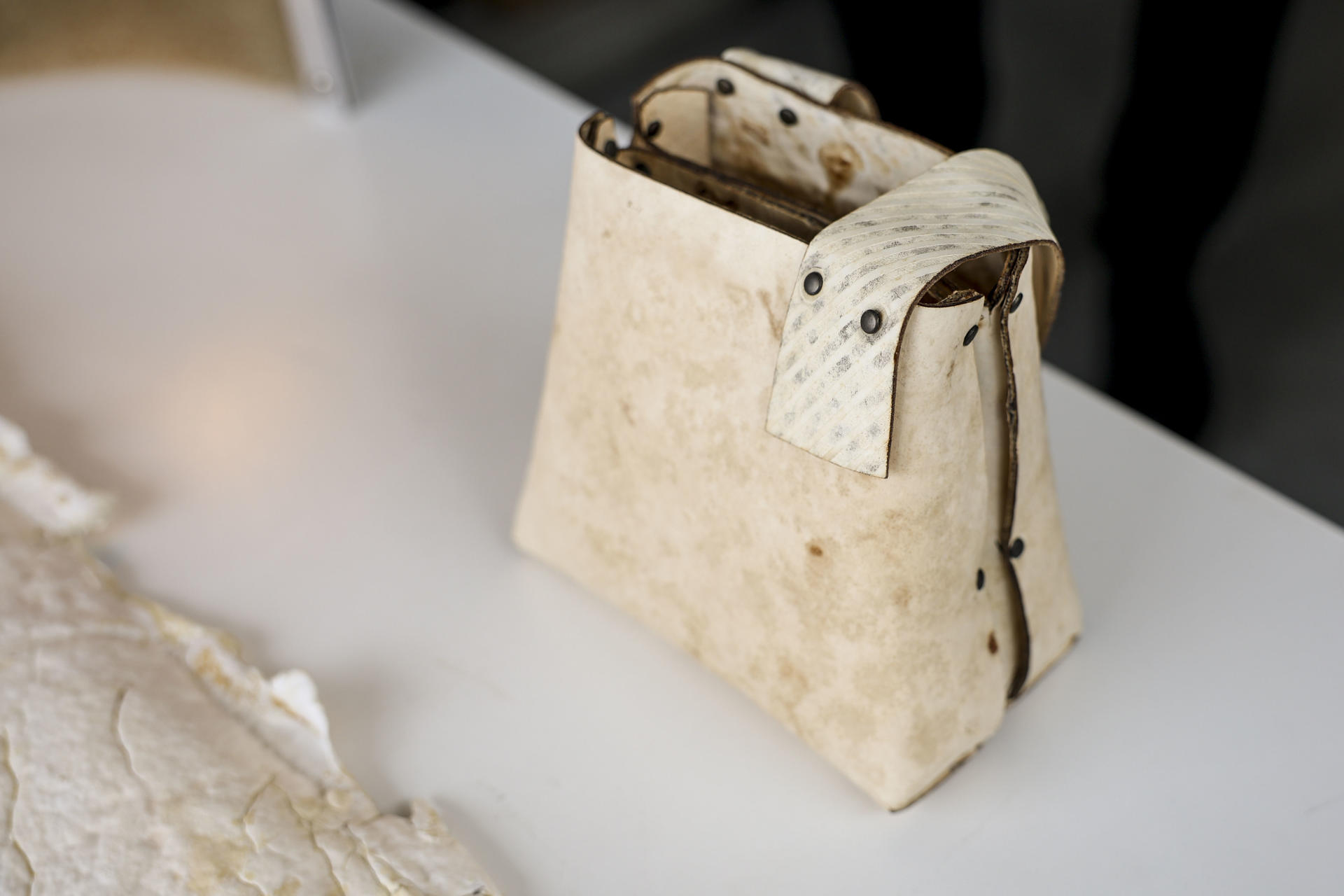 Muestras de tejidos y materiales a base de champiñones realizados por el equipo de la investigadora de la Universidad Flamenca de Bruselas, Anouk Verstuyft y Annah-Ololade Sangosanya. El misterioso reino fungi está de moda, un campo en desarrollo es el de los biomateriales, porque los hongos también intentan hacerse hueco en la fabricación de muebles, ropa vegana y como sustitutos del poliestireno expandido, ese corcho blanco de los paquetes frágiles que no se recicla y precisa 500 años para degradarse. EFE/ Pablo Garrigós