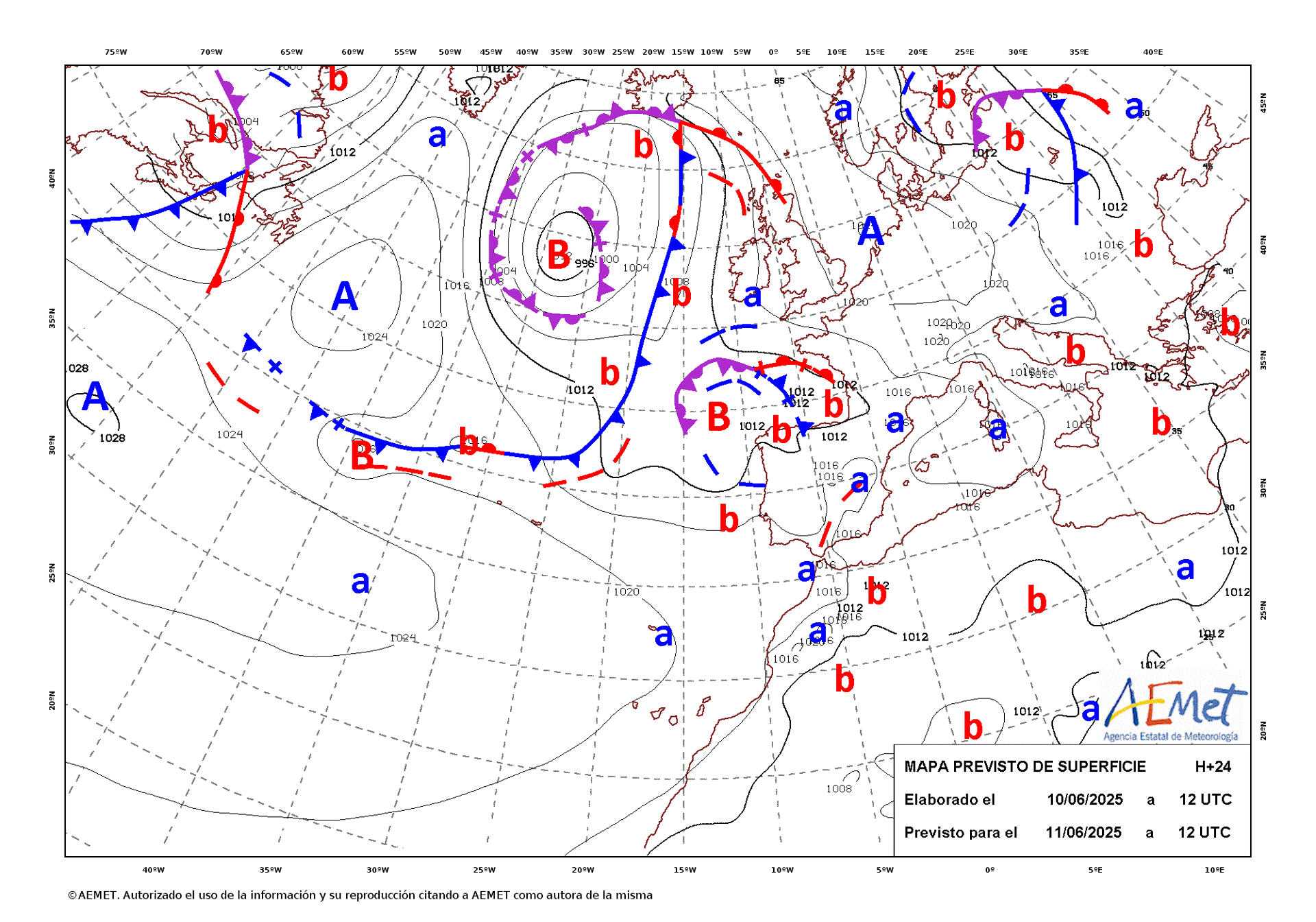 Mapa de isobaras facilitado por la Aemet previsto para el 11/06/2025.- EFE *****SOLO USO EDITORIAL/SOLO DISPONIBLE PARA ILUSTRAR LA NOTICIA QUE ACOMPAÑA (CRÉDITO OBLIGATORIO) *****
