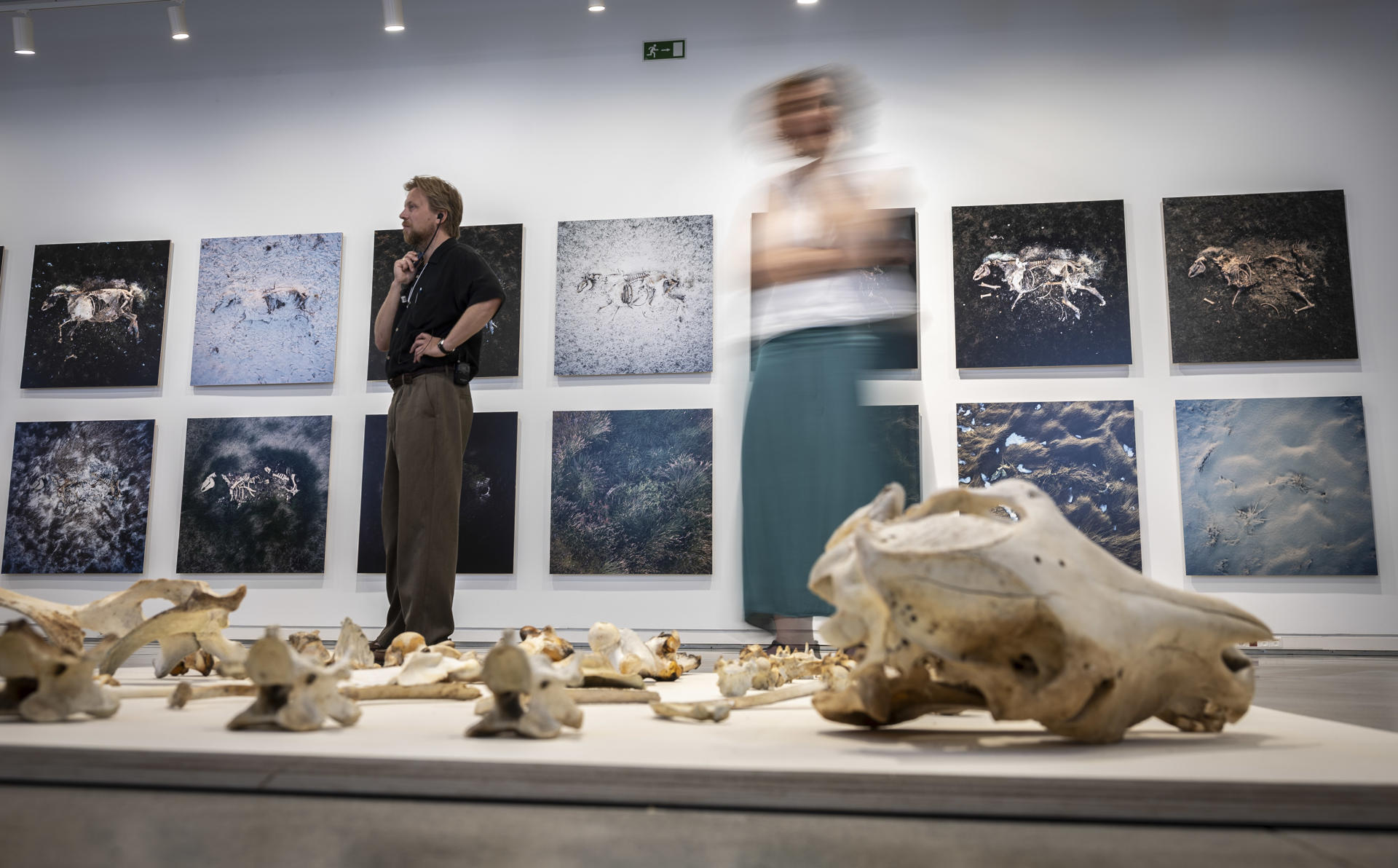 El cineasta y artista islandés Hlynur Pálmason (i) este jueves durante la presentación de la primera exposición individual, organizada por Tabakalera en colaboración con el Festival de San Sebastián y Elías Querejeta Zine Eskola, en la que se pueden ver ideoinstalaciones, fotografías, dibujos y esculturas de Pálmason.EFE/Javier Etxezarreta