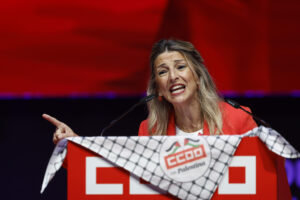 MADRID, 21/06/2025.- La vicepresidenta segunda del Gobierno, Yolanda Díaz, interviene en el acto de clausura del XIII Congreso Confederal de CCOO en el que se espera que Sordo salga reelegido como secretario general. EFE/Mariscal