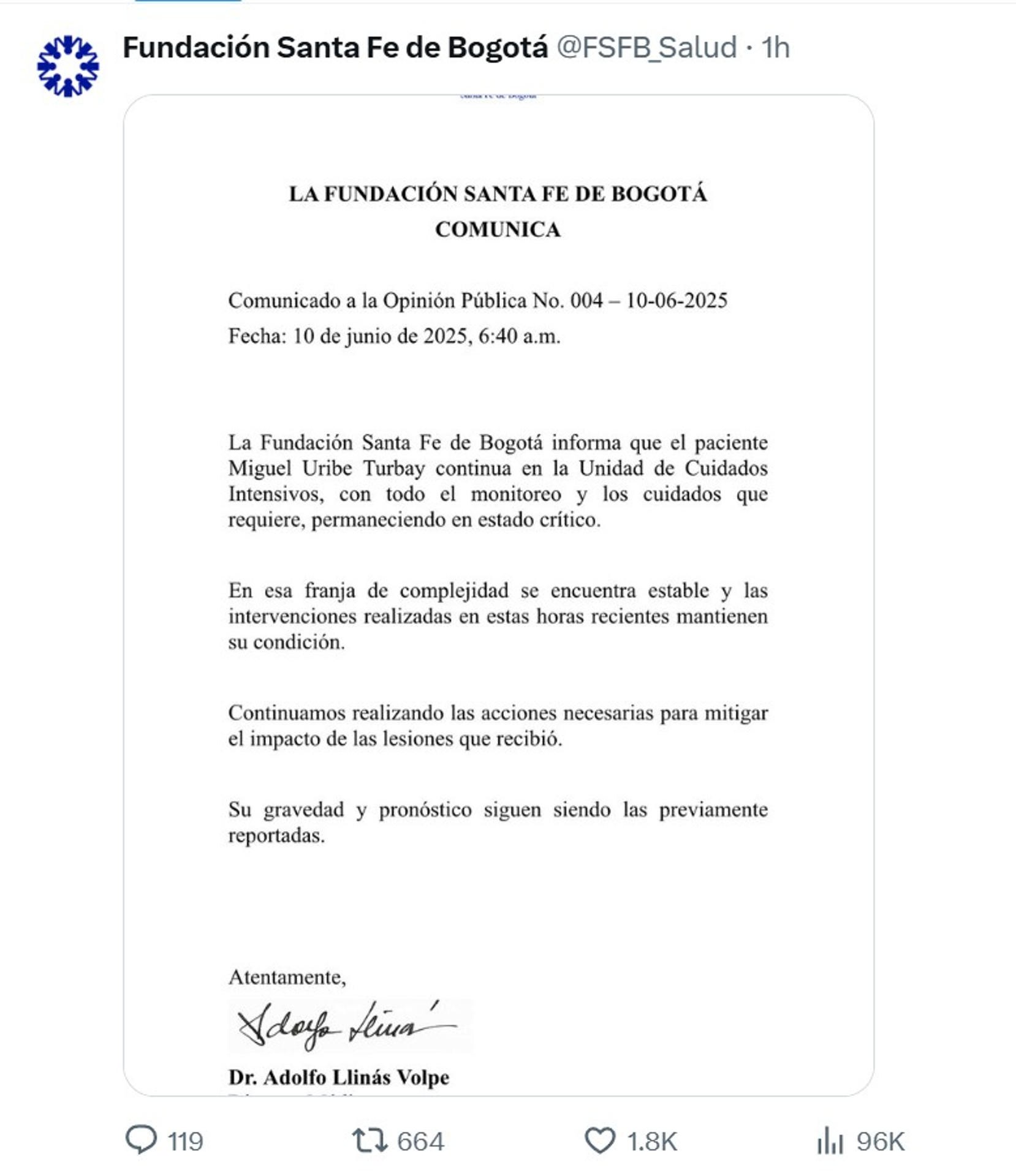 Imagen tomada de la red social X, de la cuenta oficial de la Fundación Santa Fe de Bogotá (@FSFB_Salud), que muestra el comunicado oficial sobre el estado de salud del senador y precandidato presidencial colombiano Miguel Uribe Turbay. EFE/ @FSFB_Salud
