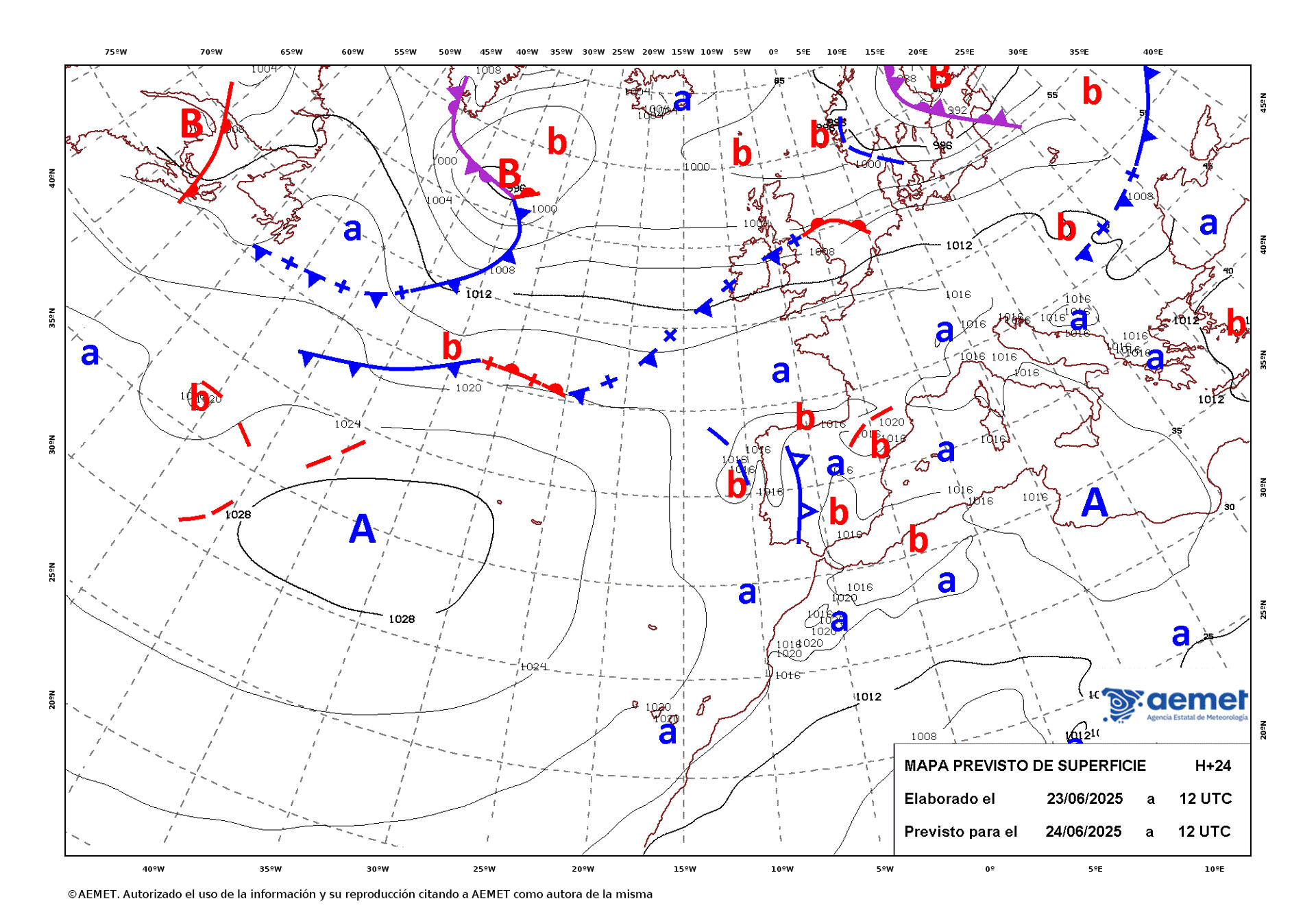 Mapa de isobaras elaborado por la Aemet el 23/06/2025 previsto para el 24/06/2025. EFE/Aemet/SOLO USO EDITORIAL/SOLO DISPONIBLE PARA ILUSTRAR LA NOTICIA QUE ACOMPAÑA (CRÉDITO OBLIGATORIO)