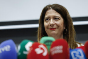 La exmilitante socialista Leire Díez en la rueda de prensa del miércoles. EFE/ Chema Moya