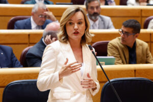 La ministra de Educación, Formación Profesional y Deportes y portavoz del Gobierno, Pilar Alegría, interviene durante el pleno celebrado este martes en el Senado. EFE/J.P. Gandul