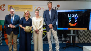 El presidente del Consejo Superior de Deportes (CSD), José Manuel Rodríguez Uribes; la ministra de Educación, Formación Profesional y Deportes, Pilar Alegría; la presidenta de la Federación Española de Baloncesto (FEB), Elisa Aguilar y el presidente de la liga Endesa, Antonio Martín (i a d), durante la presentación de la creación de la Liga U, una liga Sub-22, este miércoles en la sede del CSD. EFE/ACB // SOLO USO EDITORIAL/SOLO DISPONIBLE PARA ILUSTRAR LA NOTICIA QUE ACOMPAÑA (CRÉDITO OBLIGATORIO)