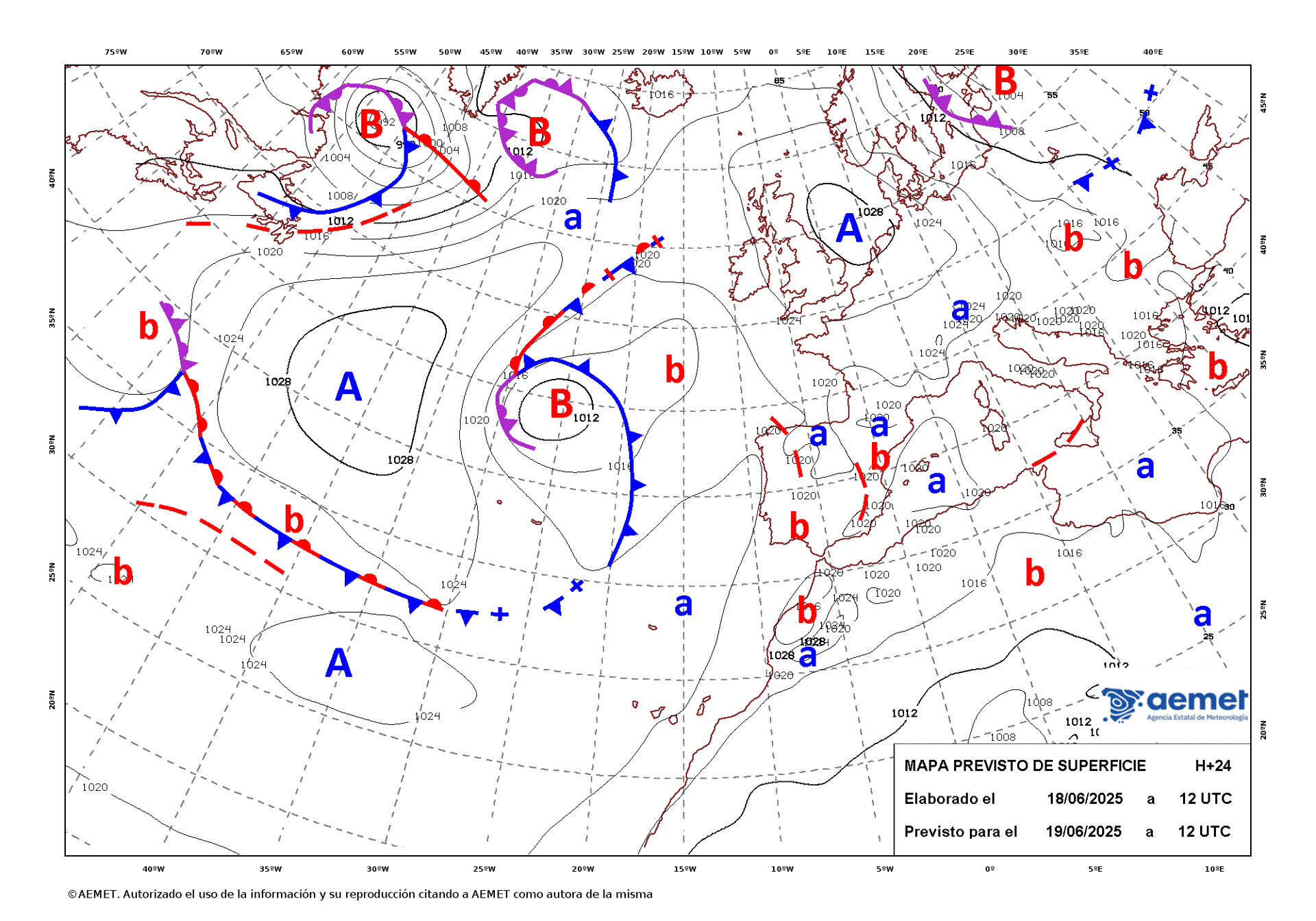 Mapa de isobaras facilitado por la Aemet el 18/06/2025 previsto para el 19/06/2025. EFE/SOLO USO EDITORIAL/SOLO DISPONIBLE PARA ILUSTRAR LA NOTICIA QUE ACOMPAÑA (CRÉDITO OBLIGATORIO)