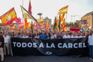 Marcha convocada por Vox desde el intercambiador de Moncloa hasta la calle de Ferraz, donde se encuentra la sede nacional del PSOE, celebrada este viernes en Madrid. EFE/Borja Sanchez-Trillo