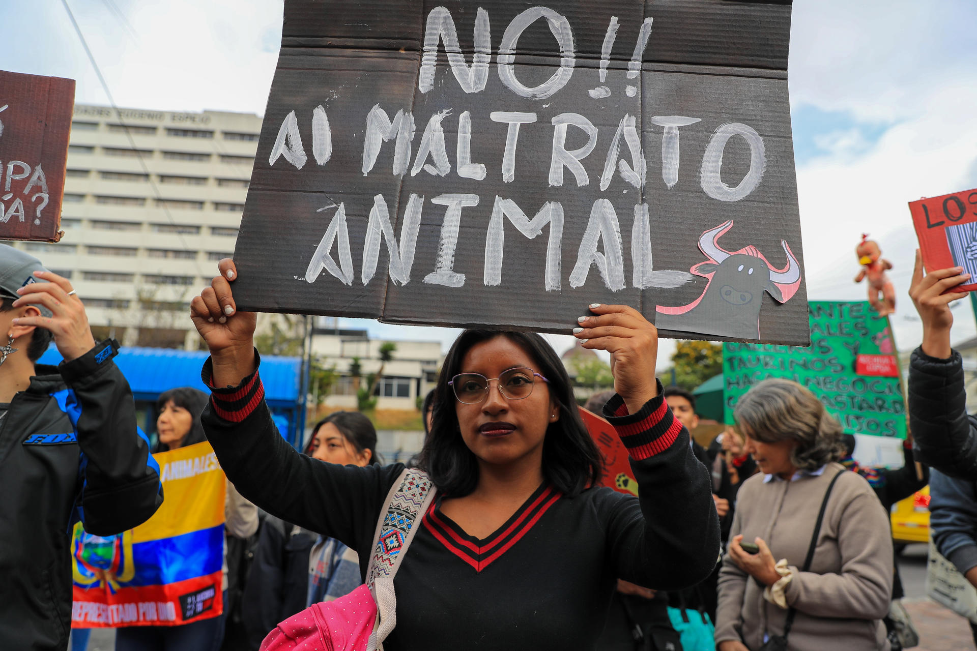 Una mujer sostiene un cartel durante una manifestación por el debate de la Ley Orgánica para la Protección y Defensa de los Derechos de los Animales (Lopda), este martes, en Quito (Ecuador). EFE/ José Jácome