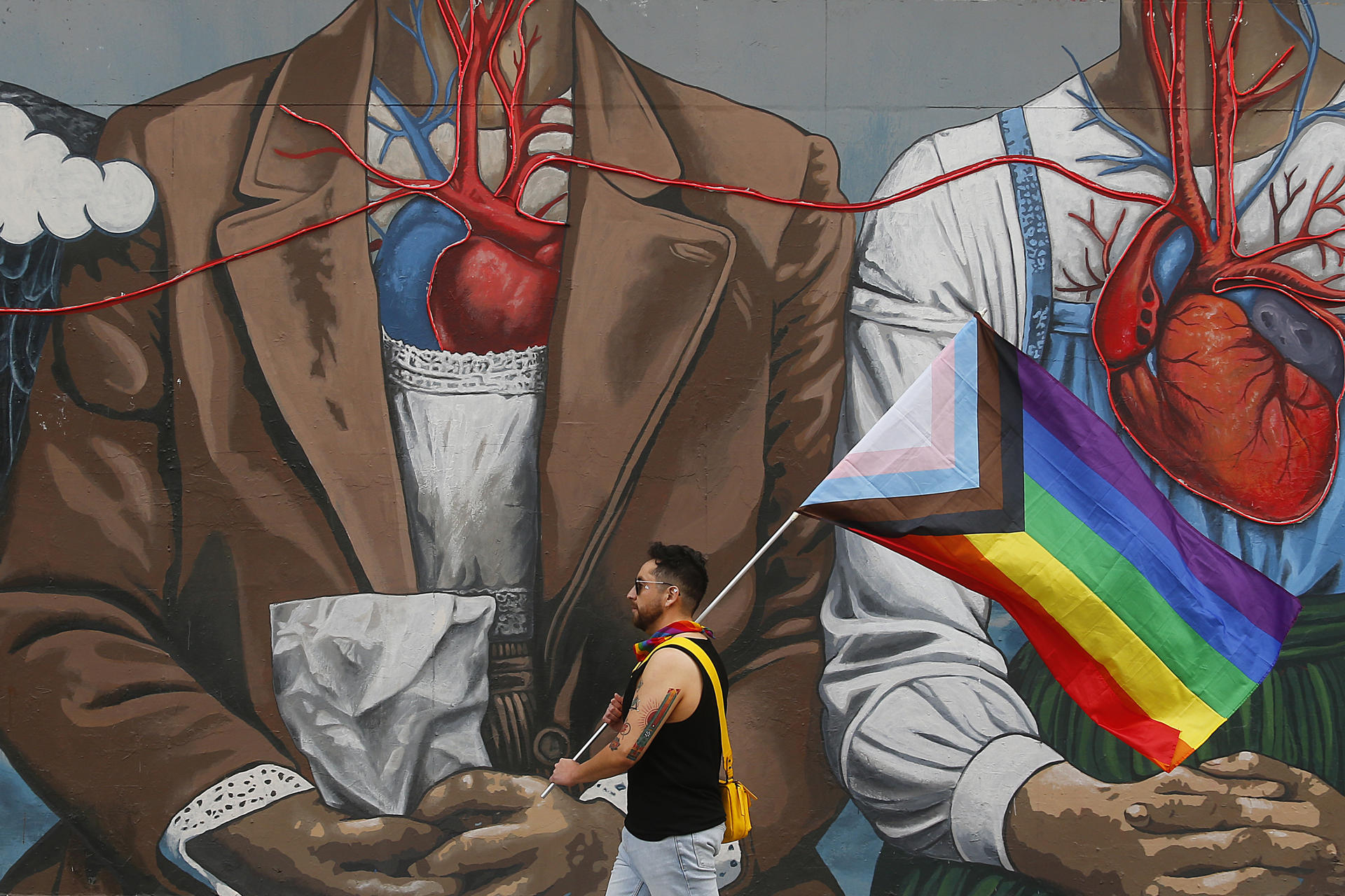 Un miembro de la comunidad LGBTQA+ sostiene una bandera en la XXV Marcha del Orgullo, movilización enmarcada como una expresión de protesta por el "nulo avance y retroceso en derechos humanos LGBTQA+", afirmaron sus dirigentes este sábado, en Santiago (Chile). EFE/ Esteban Garay