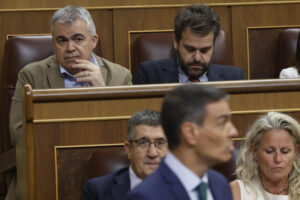 El diputado socialista Santos Cerdán y el presidente del Gobierno, Pedro Sánchez, durante la sesión de control al Ejecutivo este miércoles en el Congreso. EFE/ JUAN CARLOS HIDALGO