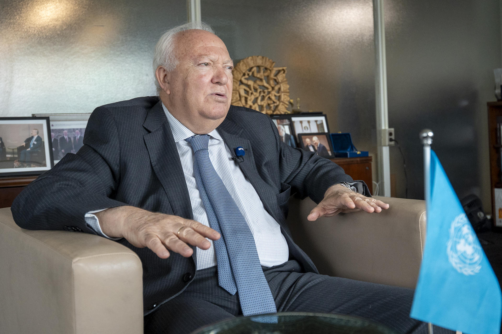 Fotografía del 14 de junio de 2025 del alto representante de Naciones Unidas para la Alianza de Civilizaciones, Miguel Ángel Moratinos, hablando durante una entrevista con EFE, en Nueva York (Estados Unidos). EFE/ Angel Colmenares