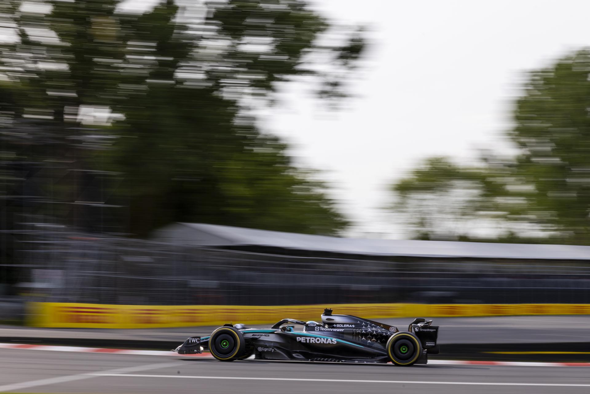 MONTREAL (Canada), 14/06/2025.- El inglés George Russell (Mercedes), que marcó el mejor tiempo del día, durante los entrenamientos libres para el Gran Premio de Canadá, el décimo del Mundial de F1, en el circuito Gilles Villeneuve de Montreal. EFE/EPA/SHAWN THEW
