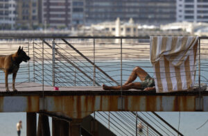 Un hombre toma el sol acompañado de su perro este martes en la pasarela del Club Naútico de San Sebastián. EFE/Juan Herrero.