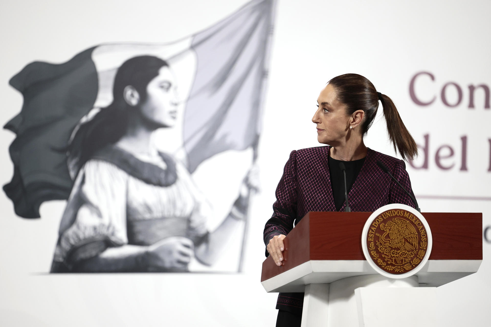 La presidenta de México, Claudia Sheinbaum, habla en una rueda de prensa este miércoles, en Palacio Nacional de la Ciudad de México (México). EFE/ José Méndez