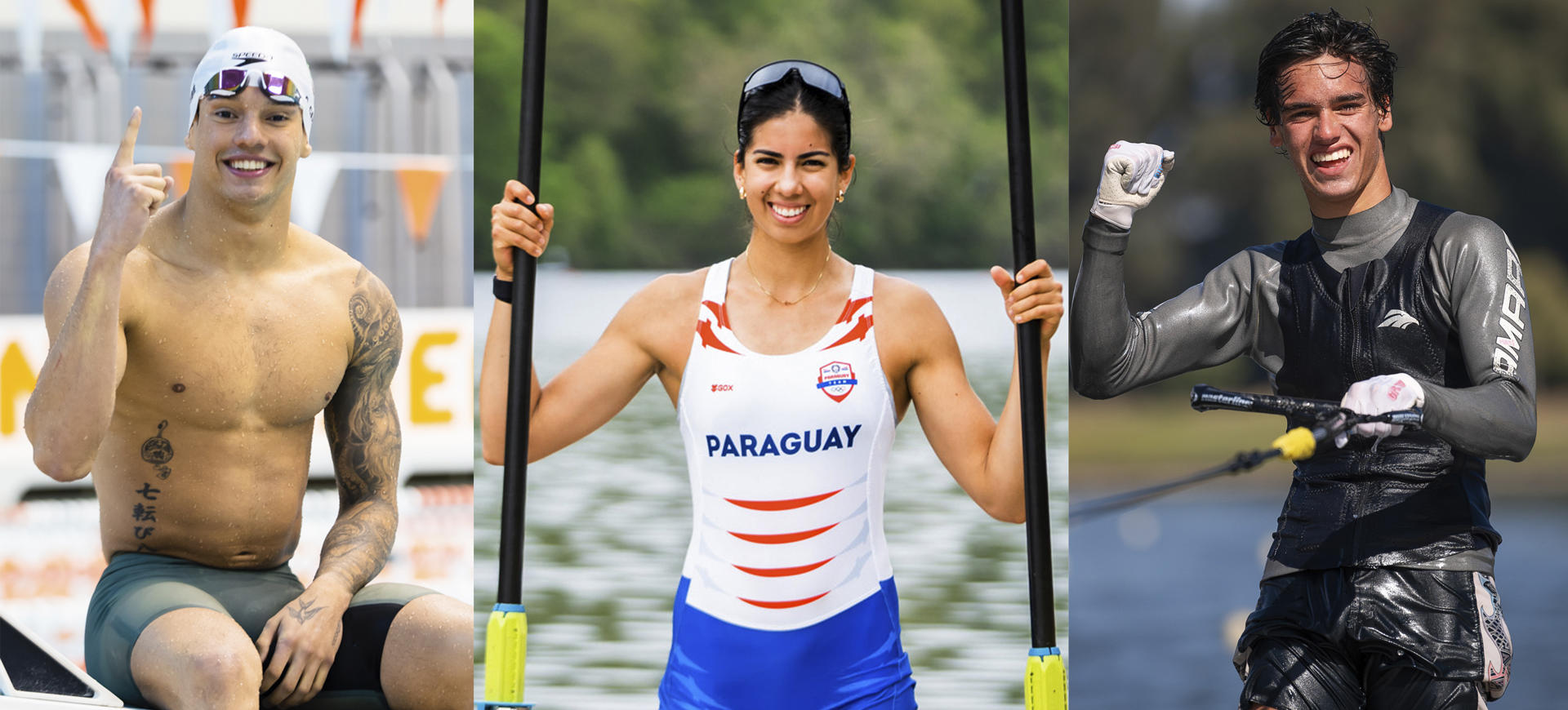 Fotografías cedidas por Panam Sports del nadador brasileño Guilherme Caribe (i), la remera paraguaya Nicole Martínez (c) y el esquiador chileno Matías González (d), quienes han sido elegidos junto con otros cuatro deportistas jóvenes como embajadores del deporte continental de cara a los Juegos Panamericanos Junior que acogerá Asunción del 9 al 23 de agosto de 2025. EFE/ Panam Sports /SOLO USO EDITORIAL/NO VENTAS/SOLO DISPONIBLE PARA ILUSTRAR LA NOTICIA QUE ACOMPAÑA (CRÉDITO OBLIGATORIO)