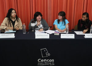 Desde la izquierda, las representantes de la RED TDT, Sandra Suaste Ávila; de Observatorio Ciudadano Nacional del Feminicidio, Luz Estrada Mendoza; de SEIINAC, Lizeth Clavellina Ángeles y de Centro Fray Julián Garcés, Marisol Flores García, participan durante una conferencia de prensa este lunes, en la Ciudad de México (México). EFE/ Mario Guzmán
