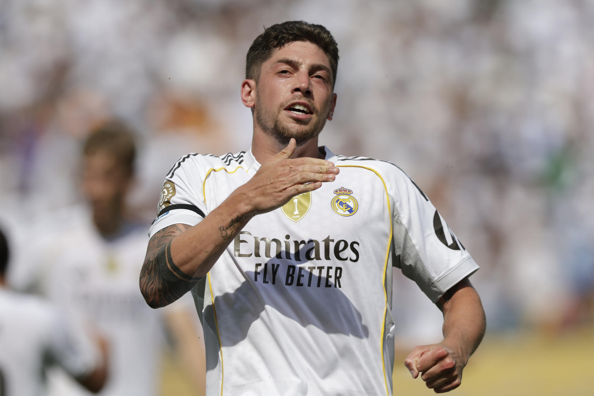 Federico Valverde celebra el tercer gol del Real Madrid ante el Pachuca en el Mundial de Clubes. EFE/André Coelho