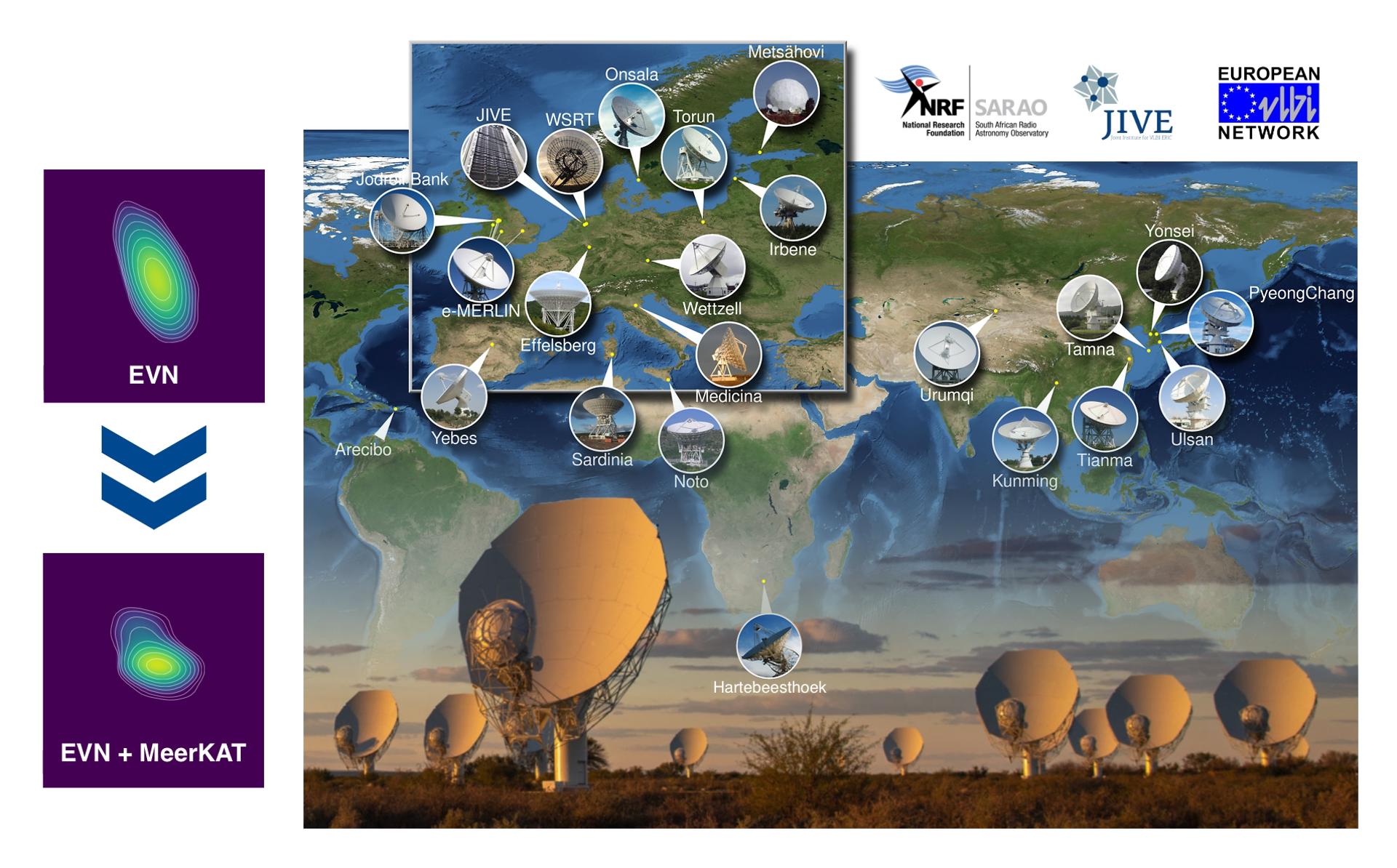 El mayor observatorio radioastronómico de Europa une fuerzas con el MeerKAT de Sudáfrica. lustración de Benito Marcote, JIVE.  Créditos de la imagen: MeerKAT image ©SARAO; EVN map image ©Paul Boven, JIVE (satellite image: Blue Marble Next Generation, courtesy of NASA Visible Earth. EFE