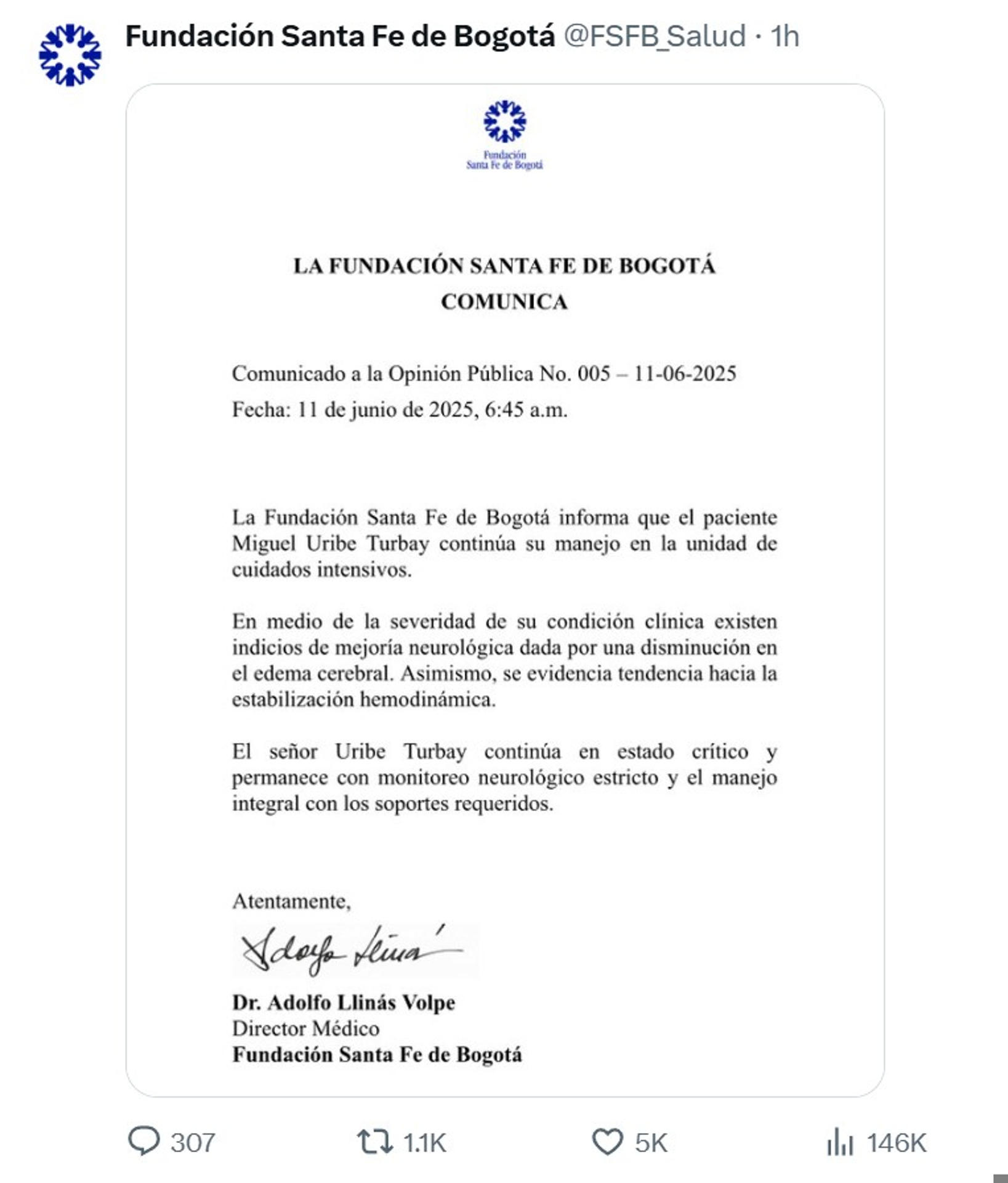 Imagen tomada de la red social X, de la cuenta oficial de la Fundación Santa Fe de Bogotá (@FSFB_Salud), que muestra el comunicado oficial sobre el estado de salud del senador y precandidato presidencial colombiano Miguel Uribe Turbay. Turbay, herido con un disparo en la cabeza en un atentado el pasado sábado, muestra "indicios de mejoría neurológica", según el nuevo parte médico divulgado este miércoles. EFE/ @FSFB_Salud