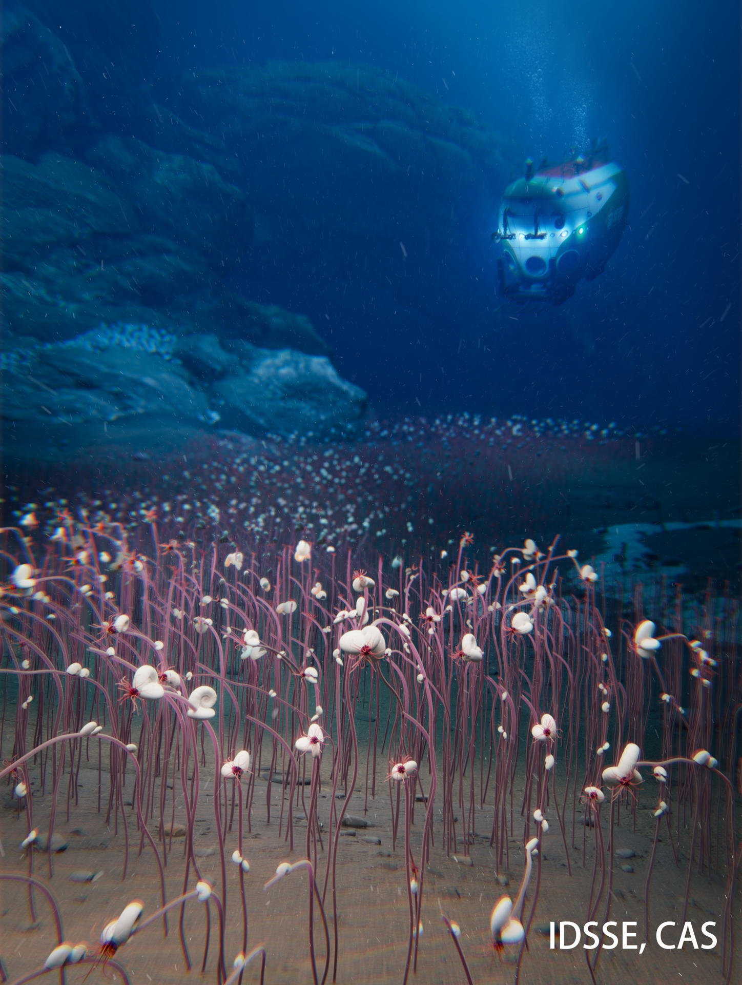 Inmersión en la fosa oceánica con el sumergible tripulado Fendouzhe. Esta imagen se ha creado para representar estos extraordinarios ecosistemas, que forman un río de comunidades quimiosintéticas en el fondo de la fosa oceánica. Crédito: Instituto de Ciencia e Ingeniería Abisal, CAS (IDSSE, CAS)

