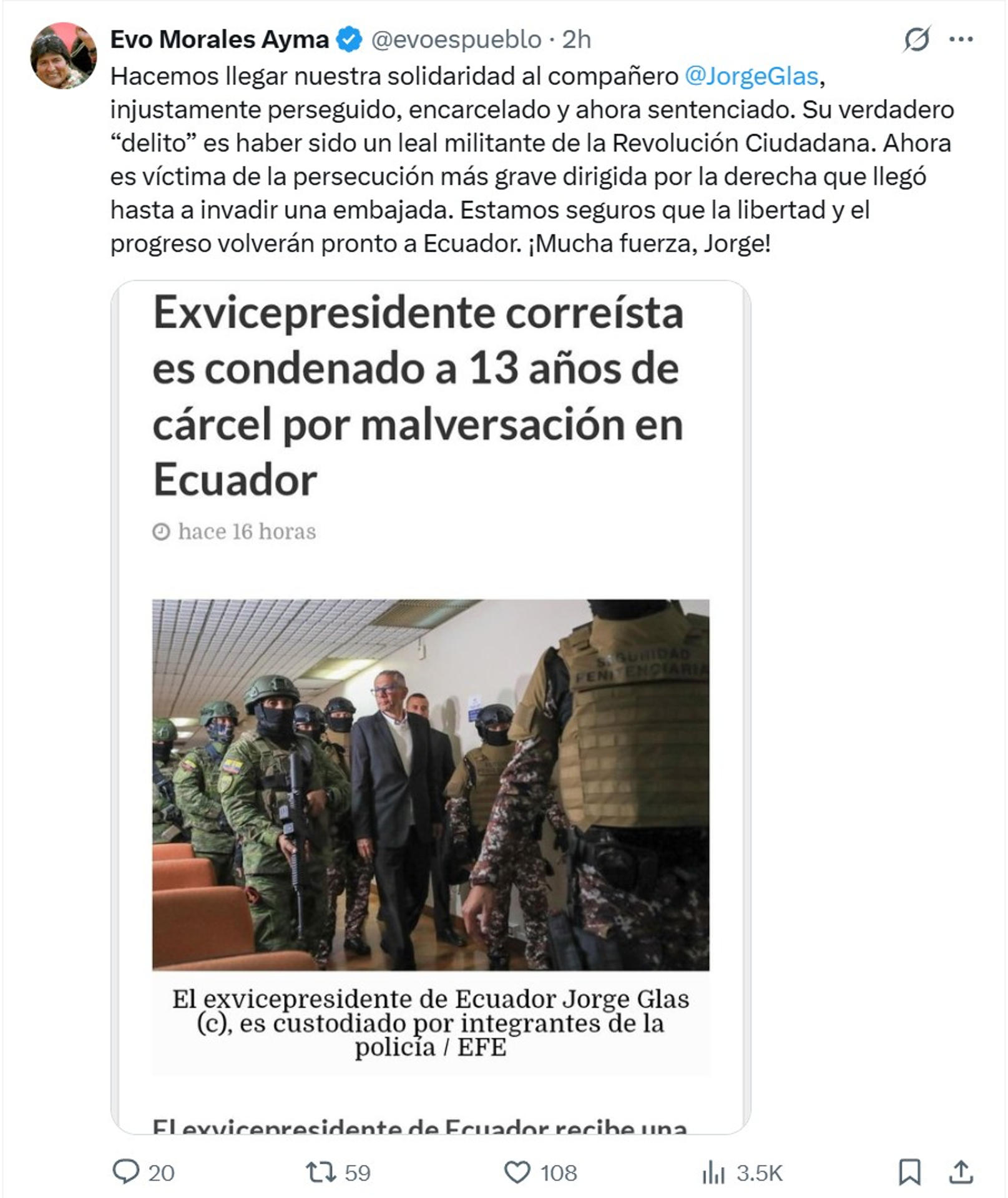 Imagen tomada de la cuenta oficial de la red social X del exmandatario de Bolivia Evo Morales, donde se ve una fotografía del exvicepresidente de Ecuador Jorge Glas. . EFE/ @evoespueblo
