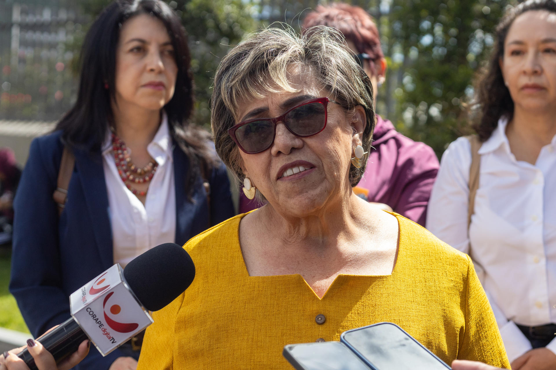 Francisca Morejón de la Coalición Nacional de Mujeres habla con la prensa este martes, en Quito (Ecuador). EFE/ Alexander Martínez
