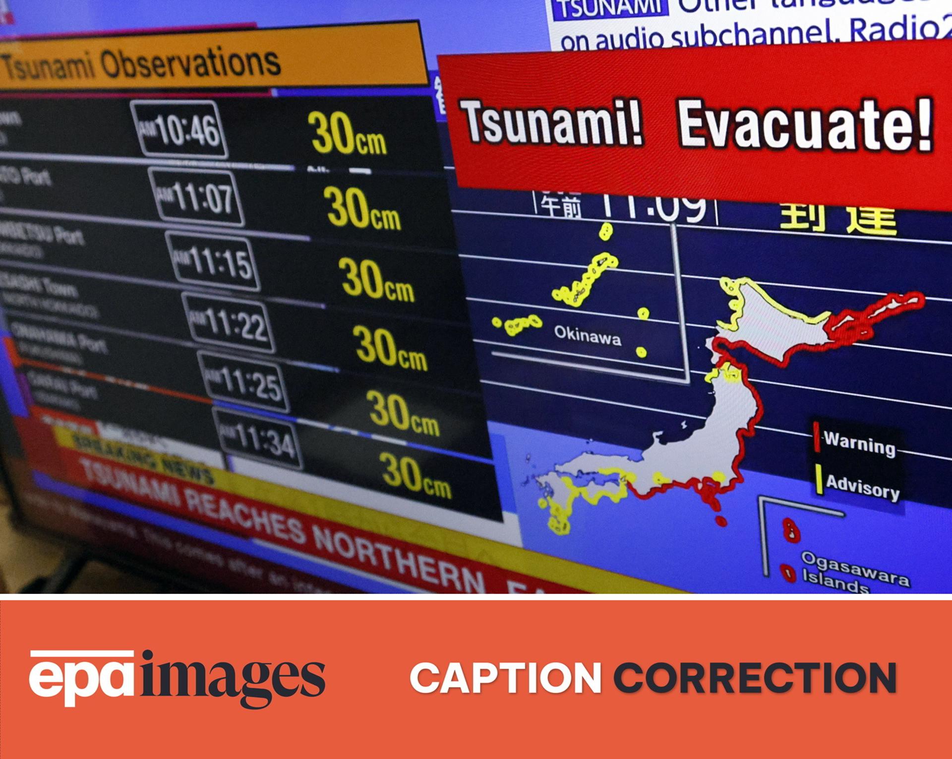 Una pantalla de televisión muestra un informe de noticias de la Agencia Meteorológica de Japón tras un terremoto de magnitud 8,8 ocurrido frente a la Península de Kamchatka, en Rusia. EFE/EPA/FRANCK ROBICHON