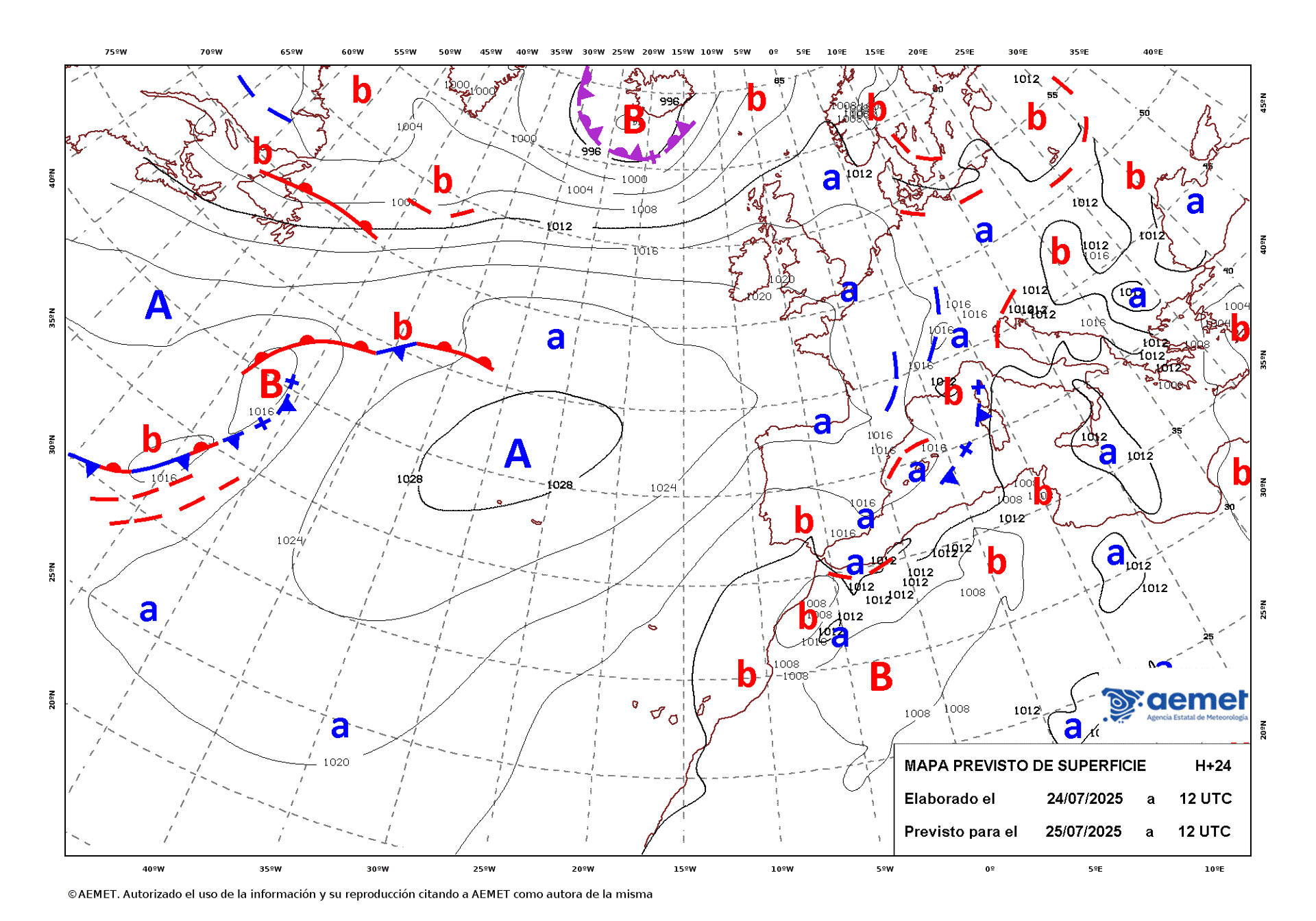 Mapa de isobaras facilitado por la Aemet previsto para el 25/07/2025. EFE *****SOLO USO EDITORIAL/SOLO DISPONIBLE PARA ILUSTRAR LA NOTICIA QUE ACOMPAÑA (CRÉDITO OBLIGATORIO) *****