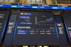 La Bolsa española cierra este viernes con pérdidas del 0,94 % aunque conserva los 14.000 puntos, hasta situarse en los 14.009,2 enteros. EFE/ Altea Tejido