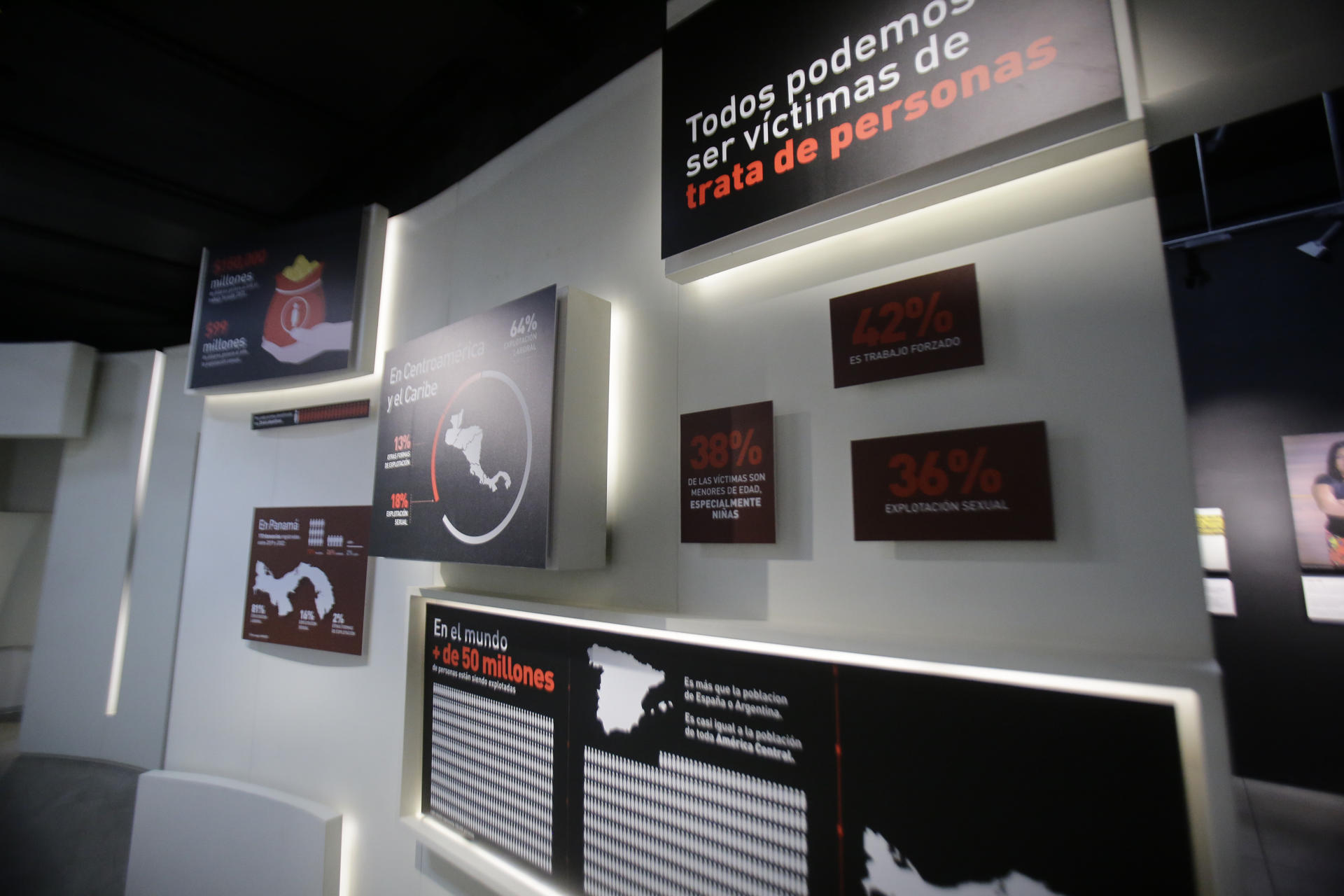 Fotografía de una sección de la exposición 'Las cifras invisibles de la trata de personas' este miércoles, en el Museo de la Libertad y los Derechos Humanos en Ciudad de Panamá (Panamá). EFE/Carlos Lemos