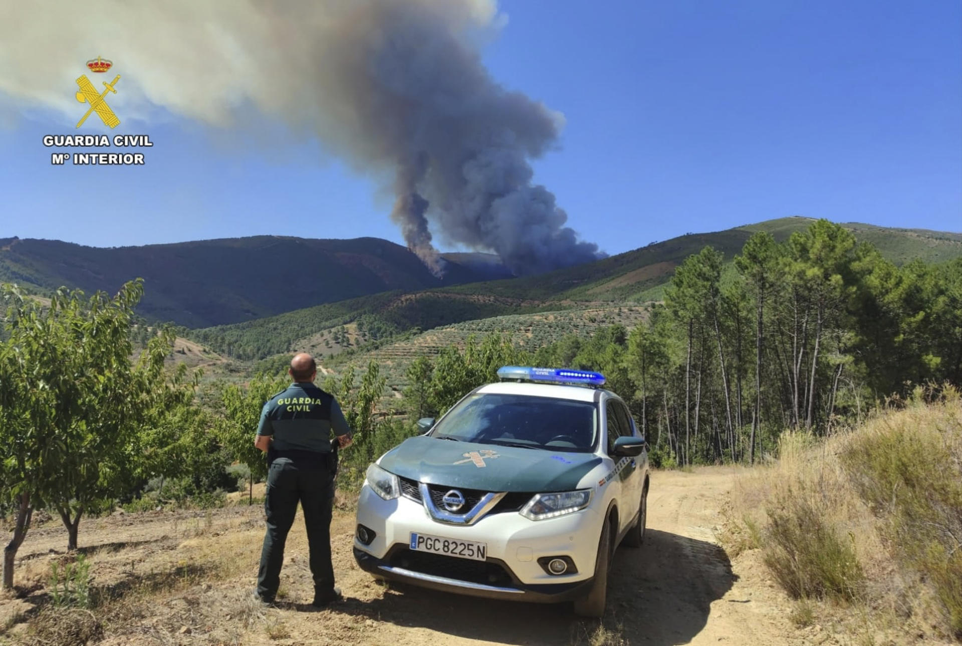 Un agente de la Guardia Civil observa el incendio forestal en la comarca cacereña de Las Hurdes, que ha quemado una superficie de 2.600 hectáreas en un perímetro de 28,5 kilómetros y en el que trabaja un dispositivo de emergencia que ha movilizado a 400 efectivos de extinción. EFE/ Guardia Civil // SOLO USO EDITORIAL/SOLO DISPONIBLE PARA ILUSTRAR LA NOTICIA QUE ACOMPAÑA (CRÉDITO OBLIGATORIO)