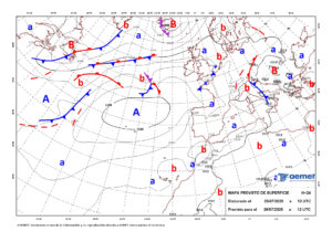Mapa de isobaras facilitado por la Aemet previsto para el 26/07/2025. EFE *****SOLO USO EDITORIAL/SOLO DISPONIBLE PARA ILUSTRAR LA NOTICIA QUE ACOMPAÑA (CRÉDITO OBLIGATORIO) *****