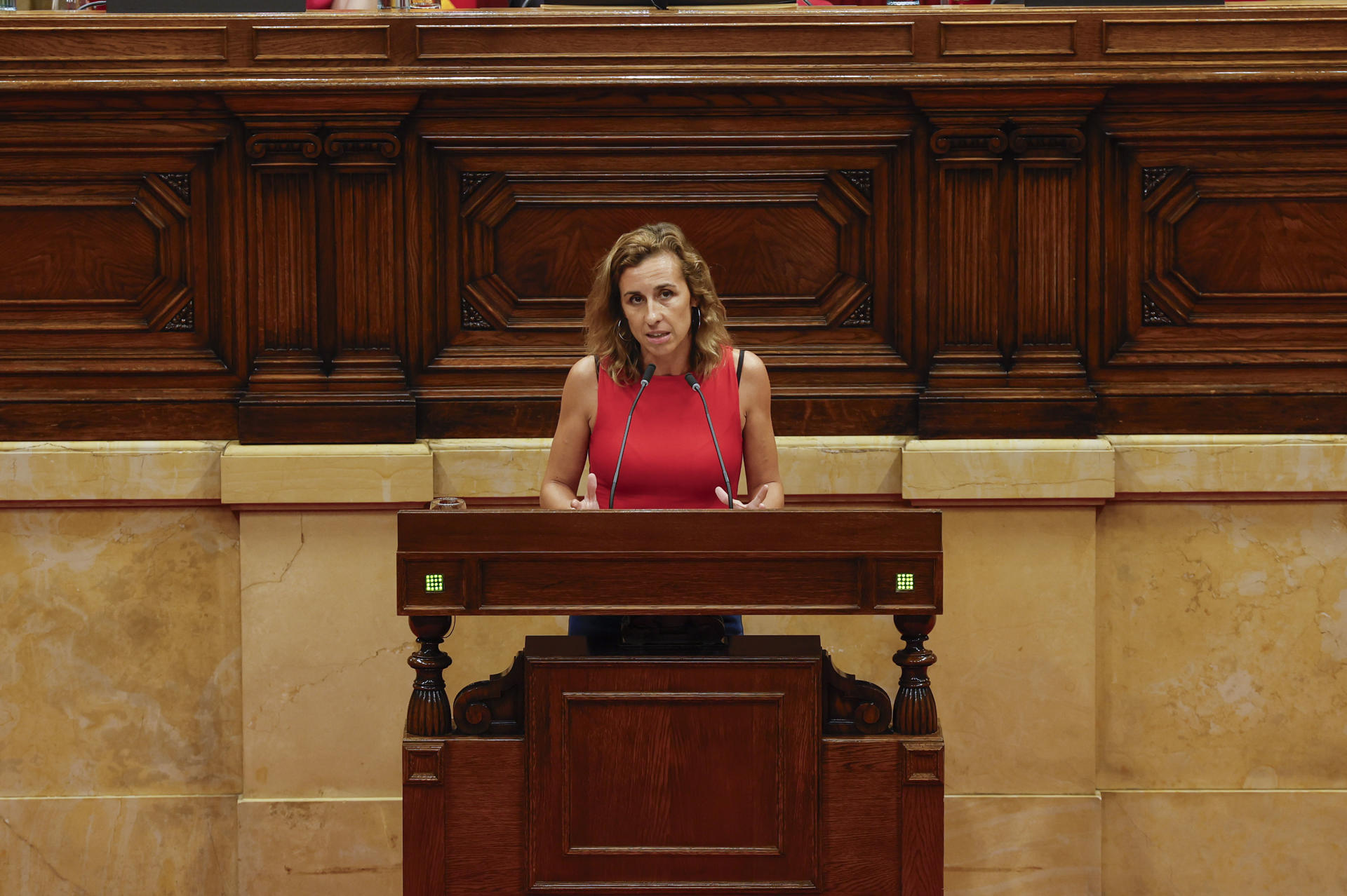 La diputada de la CUP Laia Estrada interviene durante el pleno del Parlament de Catalunya. EFE/ Alberto Estévez