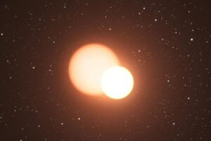 Representación artística de un sistema binario similar a KIC 10001167, en el que la masa de su estrella gigante roja fue determinada gracias al análisis de sus oscilaciones internas. Fotografía facilitada por el IAC. Crédito: ESO/L. Calçada.EFE