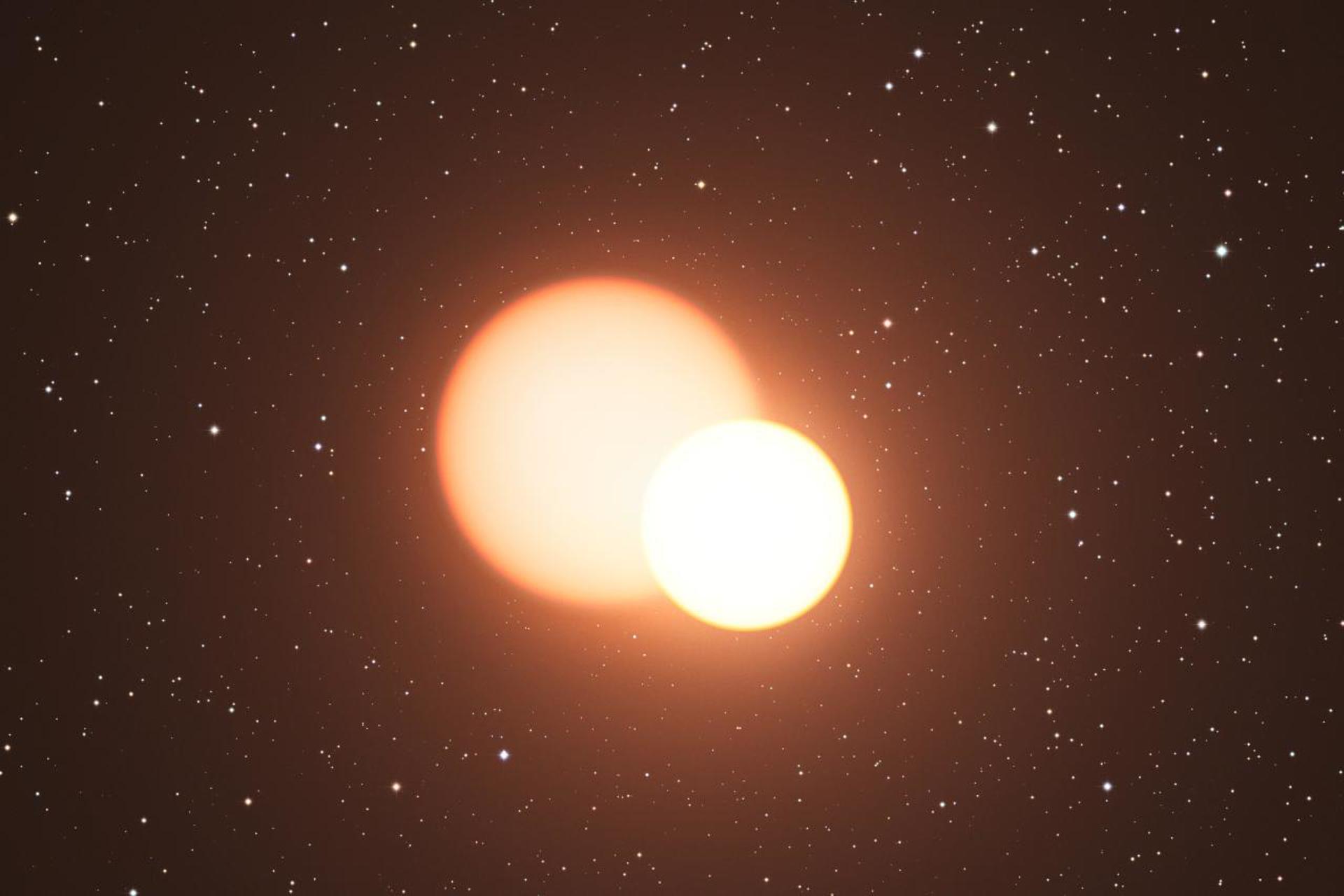 Representación artística de un sistema binario similar a KIC 10001167, en el que la masa de su estrella gigante roja fue determinada gracias al análisis de sus oscilaciones internas. Fotografía facilitada por el IAC. Crédito: ESO/L. Calçada.EFE