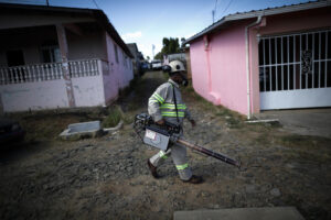 Personal de salud fumiga las calles del barrio San Antonio, en La Chorrera (Panamá), en una fotografía de archivo. EFE/ Bienvenido Velasco