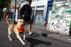 Un hombre junto a su perro participa en una carrera este domingo en La Paz (Bolivia). EFE/ Gabriel Màrquez