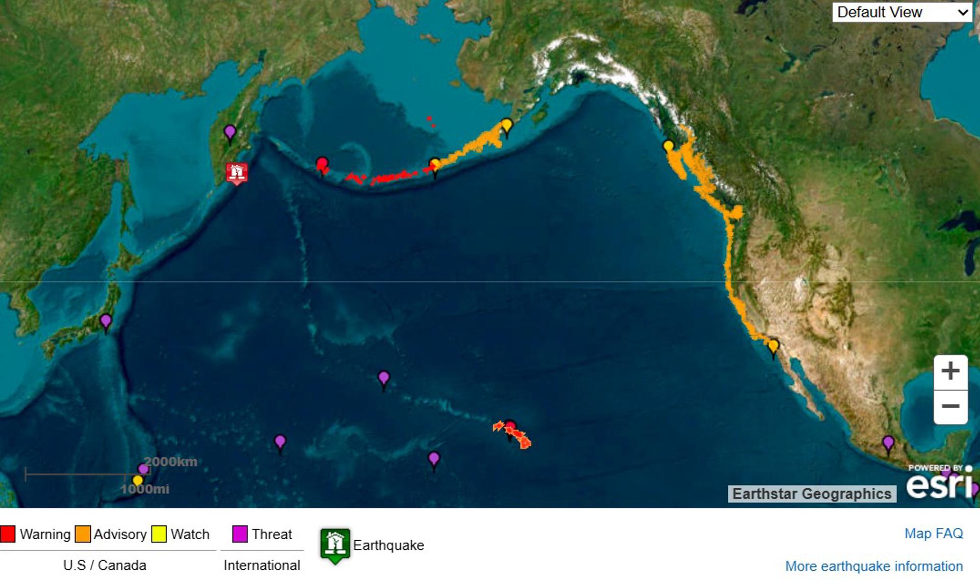 Imagen cedida por el Servicio Meteorológico Nacional (NOAA) de los Estados Unidos y su Sistema de Alerta de Tsunamis que muestra el punto origen del terremoto de magnitud 8,8 este martes, en la península rusa de Kamchatka (Rusia) y las posibles áreas de impacto de tsunami. EFE/ NOAA