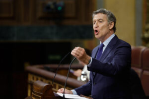 El presidente del PP, Alberto Núñez Feijóo, interviene desde la tribuna de oradores durante el pleno celebrado en el Congreso de los Diputados, este miércoles. EFE/Zipi Aragón