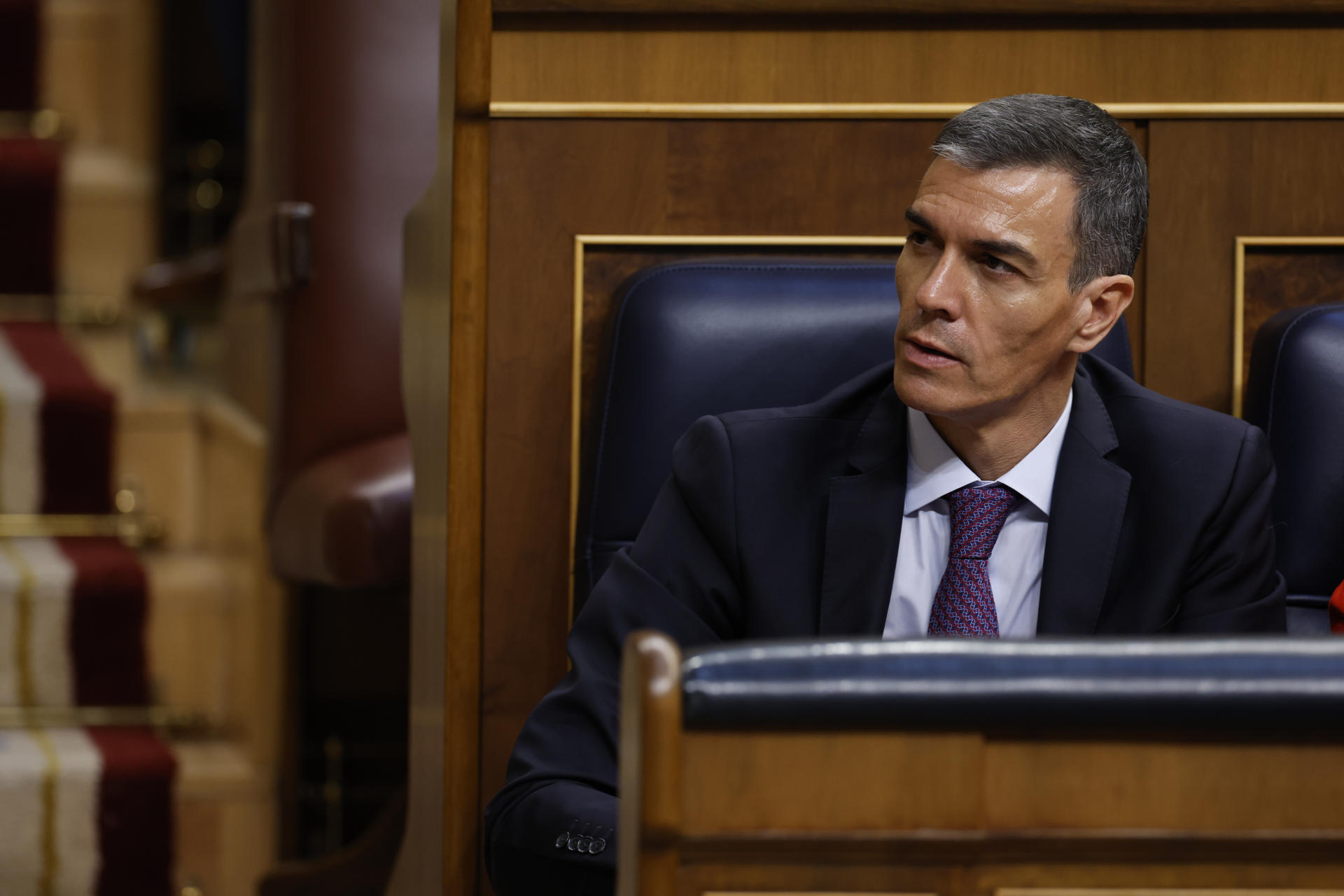 Imagen de archivo (09/07/2025) del presidente del gobierno Pedro Sánchez, durante un pleno en el Congreso de los Diputados. EFE/ Javier Lizón