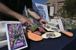 Imagen del material incautado por agentes de la Policía Nacional adscritos a la Unidad de Drogas y Crimen Organizado (UDYCO) en una operación en la que han sido detenidas ocho personas, cinco de ellas en Almería y otras tres en Torremolinos (Málaga), y se encuentran en prisión provisional por su presunta implicación en una organización criminal dedicada al tráfico de drogas, tras la intervención de 15.363 kilos de hachís ocultos entre palés de sandías y falsas patatas de plástico.EFE/Carlos Barba
