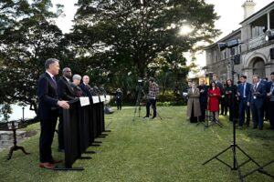 SÍDNEY (Australia), 25/07/2025.- (I-D) El ministro de Defensa australiano, Richard Marles; el secretario de Estado británico de Asuntos Exteriores, Commonwealth y Desarrollo, David Lammy; la ministra de Exteriores australiana, Penny Wong; y el secretario de Estado británico de Defensa, John Healey; celebran una rueda de prensa durante las Consultas ministeriales anuales entre Australia y Reino Unido (AUKMIN), en Sídney, Australia. EFE/EPA/DAN HIMBRECHTS AUSTRALIA AND NEW ZEALAND OUT