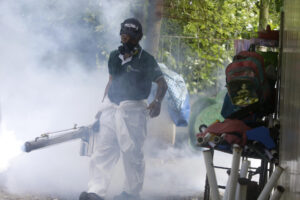 Un funcionario del Ministerio de Salud fumiga áreas de inmuebles en la zona metropolitana este miércoles, en Ciudad de Panamá (Panamá). EFE/Carlos Lemos