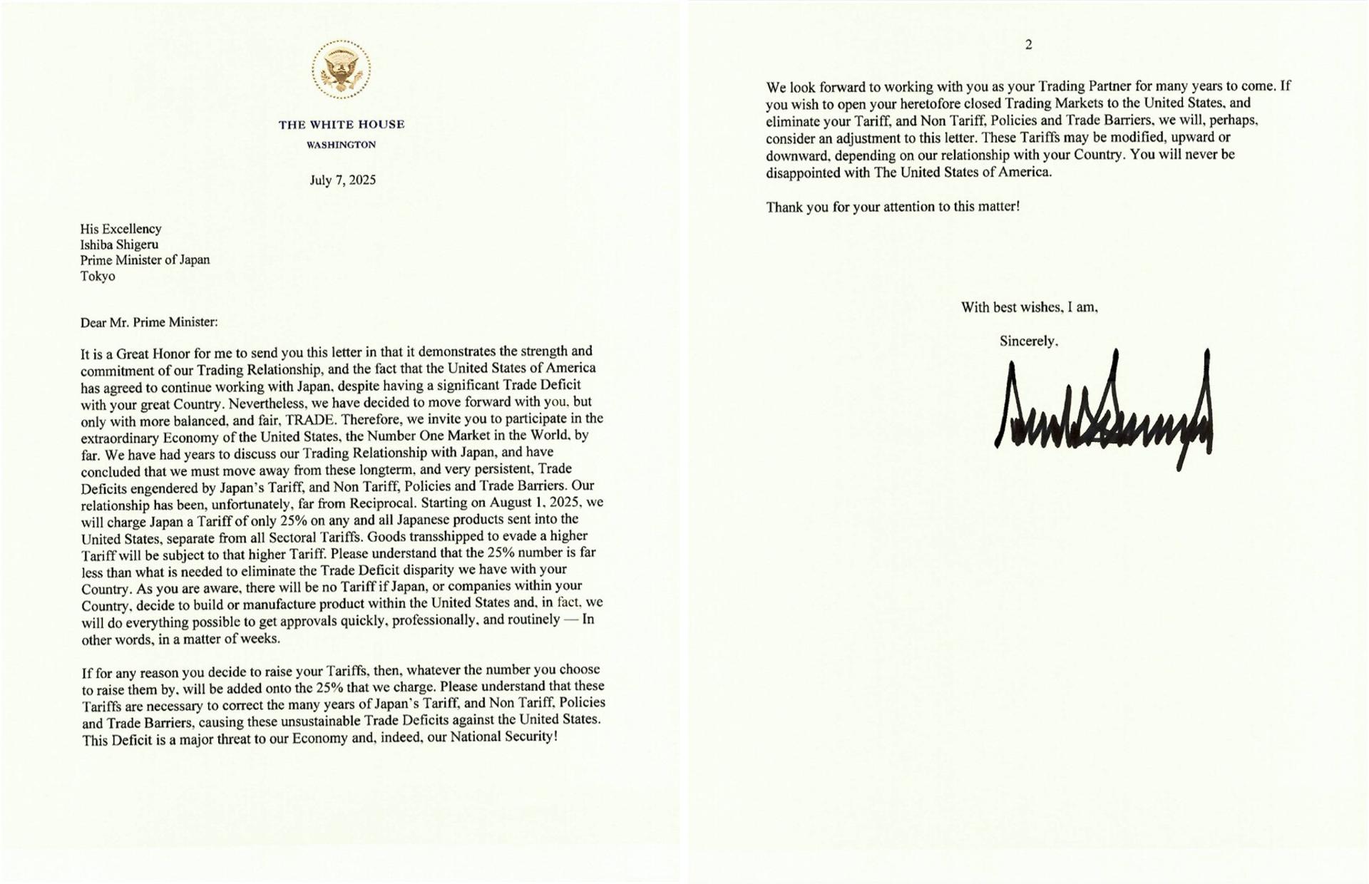 Fotografía publicada por el presidente de los Estados Unidos, Donald Trump, en su cuenta oficial en la red social Truth que muestra las dos páginas de la carta enviada a Japón sobre el tema de los aranceles. EFE/@realDonaldTrump /