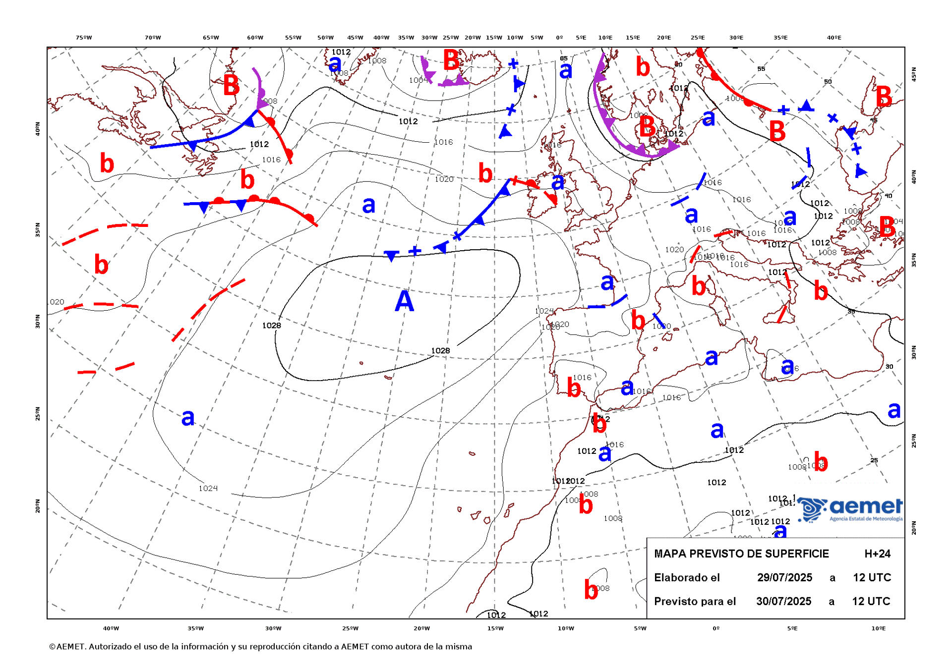 Mapa de isobaras facilitado por la Aemet previsto para el 30/07/2025. EFE *****SOLO USO EDITORIAL/SOLO DISPONIBLE PARA ILUSTRAR LA NOTICIA QUE ACOMPAÑA (CRÉDITO OBLIGATORIO) *****
