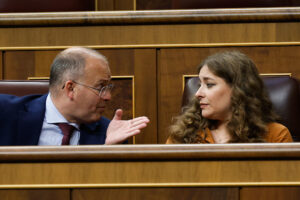 El secretario general del PP, Miguel Tellado (i) conversa con la portavoz del partido Ester Muñoz (d) durante el Pleno en el Congreso celebrado este martes. EFE/Chema Moya