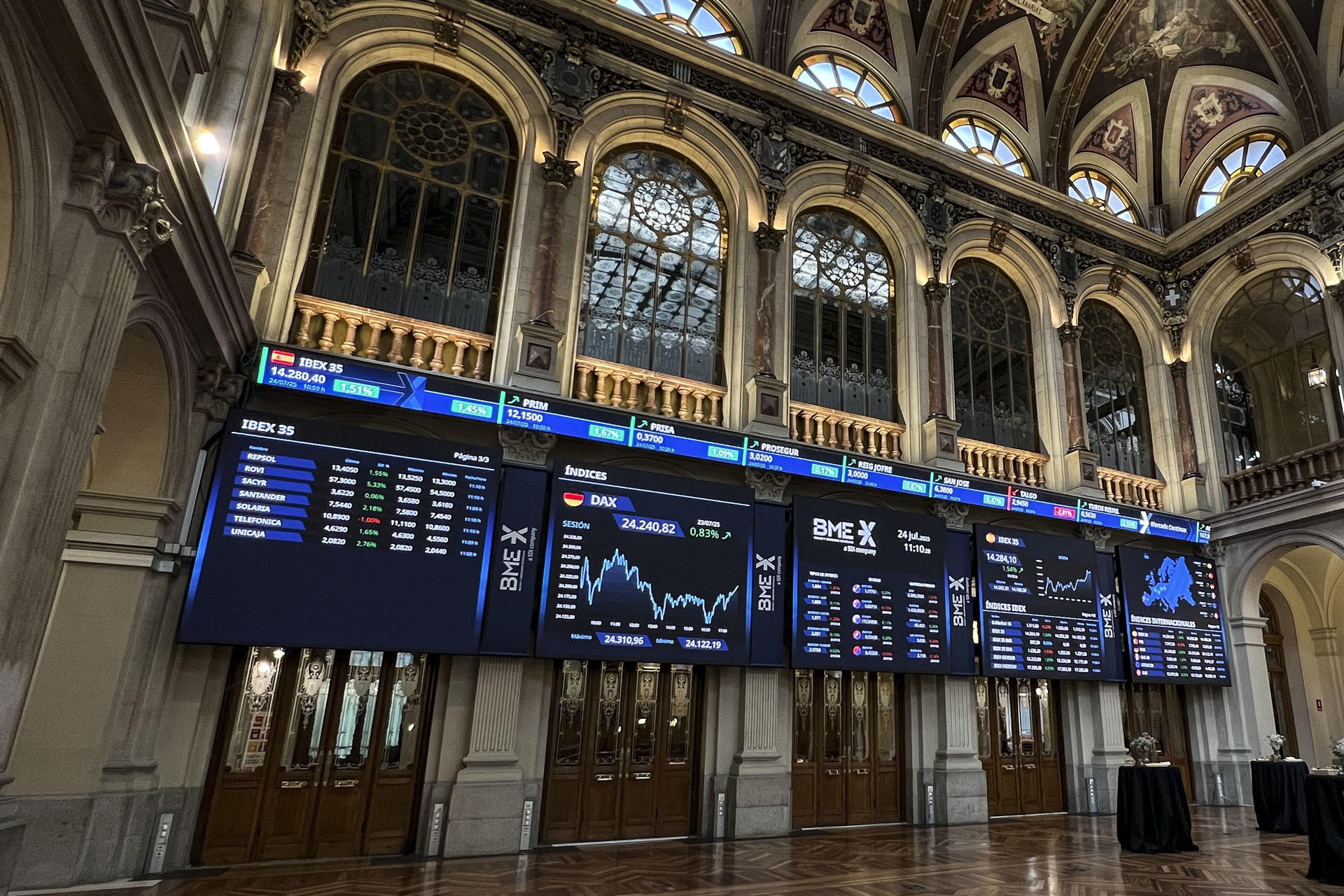 Vista general del parqué madrileño de la Bolsa este jueves que cierra con una fuerte subida del 1,34 % y asciende hasta los 14.200 puntos, hasta situarse en los 14.256 enteros. EFE/ Altea Tejido
